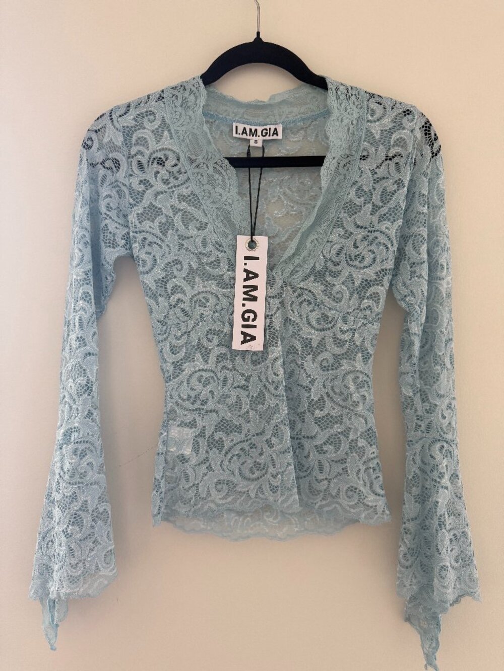 NWT I.AM.GIA Gemma Baby Blue Lace Bell Sleeve Top S